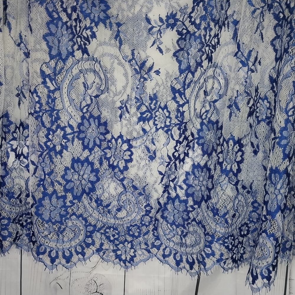 Fashion Nova Sheer Cold Shoulder Blue And White Floral Lace Romantic Top - Picture 9 of 10